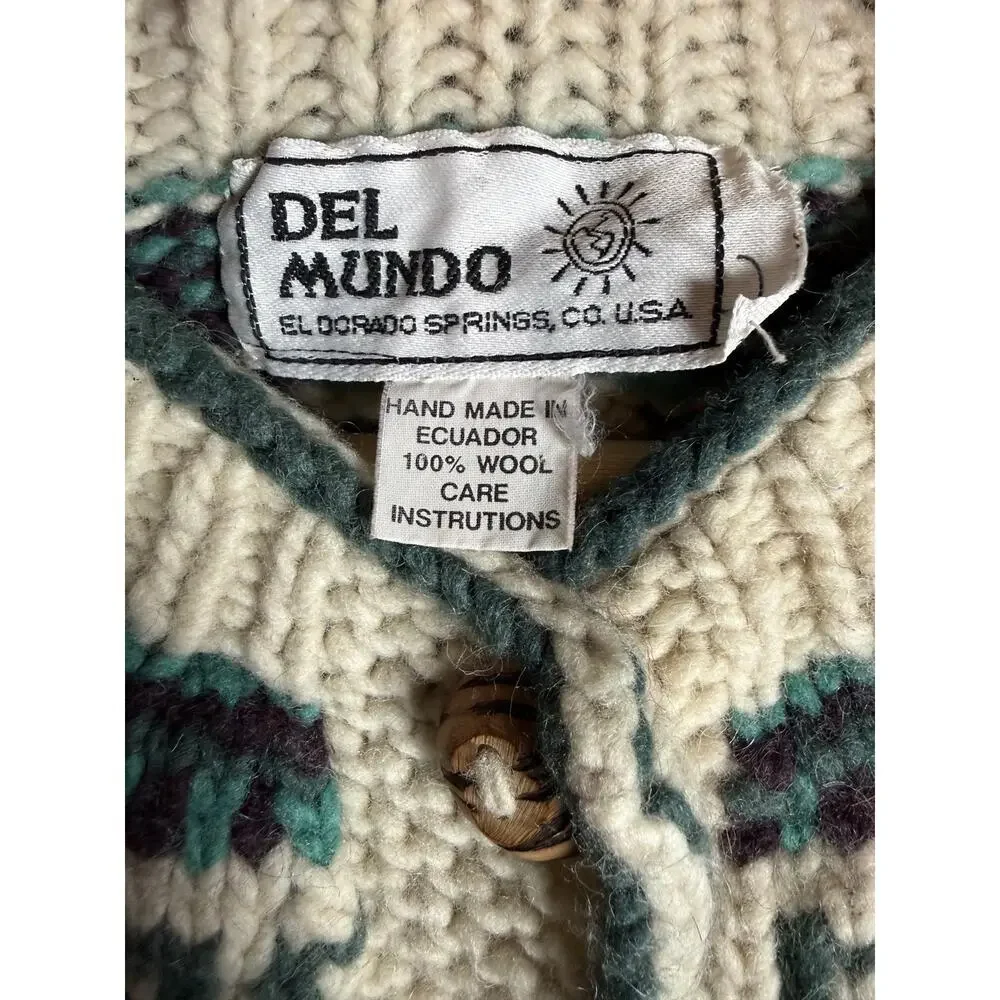 Vintage Del Mundo Handmade Wool Cardigan Green OS Ecuadorian Chunky Wood Button - Picture 5 of 9